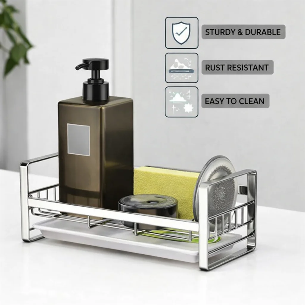 Stainless Steel Sponge Holder| Rustproof Kitchen Sink Organizer 30 Cm| Dish Soap & Scrubber Caddy | 30 Cm, Under Cabinet Mount or Countertop, Durable & Space-Saving image 1