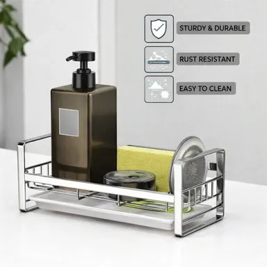 Stainless Steel Sponge Holder| Rustproof Kitchen Sink Organizer 30 Cm| Dish Soap & Scrubber Caddy | 30 Cm, Under Cabinet Mount or Countertop, Durable & Space-Saving thumbnail 0