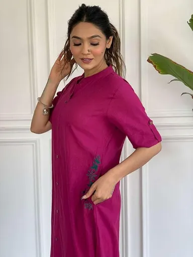 Womens Cotton Embroidered | A-Line Kurti with Palazzo | Pink M | Ethnic Wear Office Festive Outfit thumbnail 1