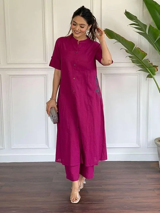 Womens Cotton Embroidered | A-Line Kurti with Palazzo | Pink M | Ethnic Wear Office Festive Outfit image 3