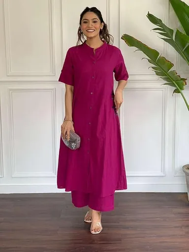 Womens Cotton Embroidered | A-Line Kurti with Palazzo | Pink M | Ethnic Wear Office Festive Outfit thumbnail 3