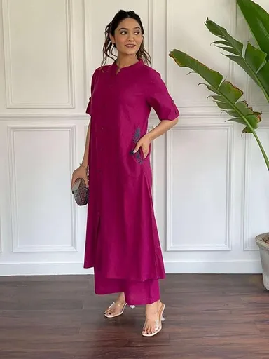Womens Cotton Embroidered | A-Line Kurti with Palazzo | Pink M | Ethnic Wear Office Festive Outfit thumbnail 0