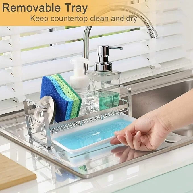 Stainless Steel Sponge Holder 18 cm | Rustproof Kitchen Sink Organizer | Countertop & Under Cabinet Soap & Scrubber Caddy |Compact & Durable image 2