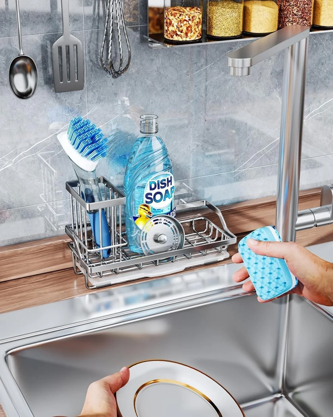 Stainless Steel Sponge Holder 21 cm |Countertop & Under Cabinet Soap & Scrubber Holder | Medium Size Durable Caddy image 2