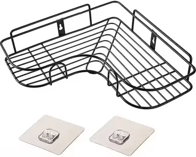 Self Adhesive Metal Bathroom Corner Shelf Black | No‑Drill Wall Mounted Shelf | Magic Sticker | Compact Organizer for Toiletries