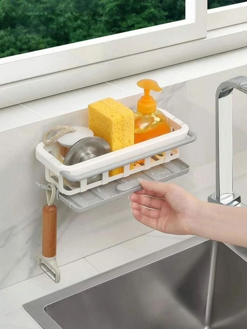 Two Tone Hanging Drain Rack | Retractable Kitchen & Bathroom Storage Organizer – Durable Drying Basket image 1