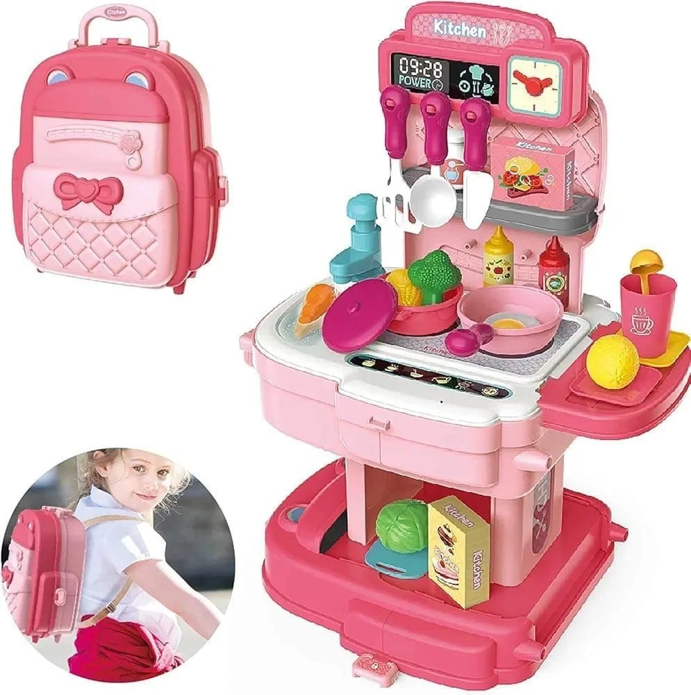 Chef Kitchen School Bag Pretend Play Toy | Modern Cooking Game Set for Kids Girls | Kitchen Set_Pink_MTL | Educational Role Play & Fun Learning image 2