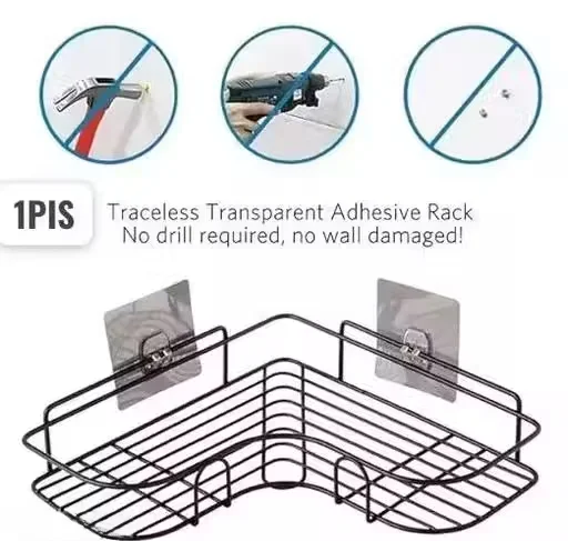 Self-Adhesive Metal Bathroom Corner Rack | GI Steel No-Drill Rust-Proof Corner Shelf | Black | Space Saving Storage for Shampoo & Toiletries image 2