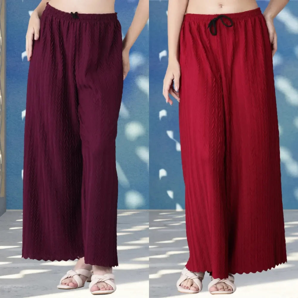 Premium Lycra Blend | Pack of  2 | Palazzo Pants | Wide‑Leg Stretchable Wine & Maroon Women’s Bottoms image 1