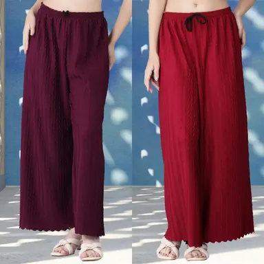 Premium Lycra Blend | Pack of  2 | Palazzo Pants | Wide‑Leg Stretchable Wine & Maroon Women’s Bottoms thumbnail 0