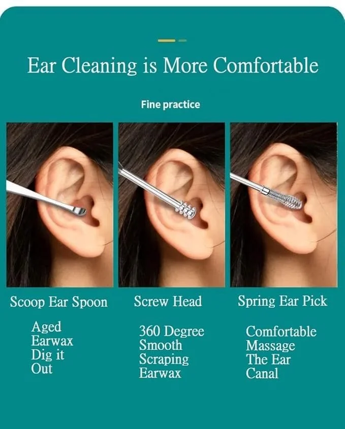 Ear Cleaning Kit | Steel Ear Cleaner | 6 Pcs Reusable Ear Wax Remover Set with Storage Pack | Ear Curette & Spring Bud Cleaner image 2