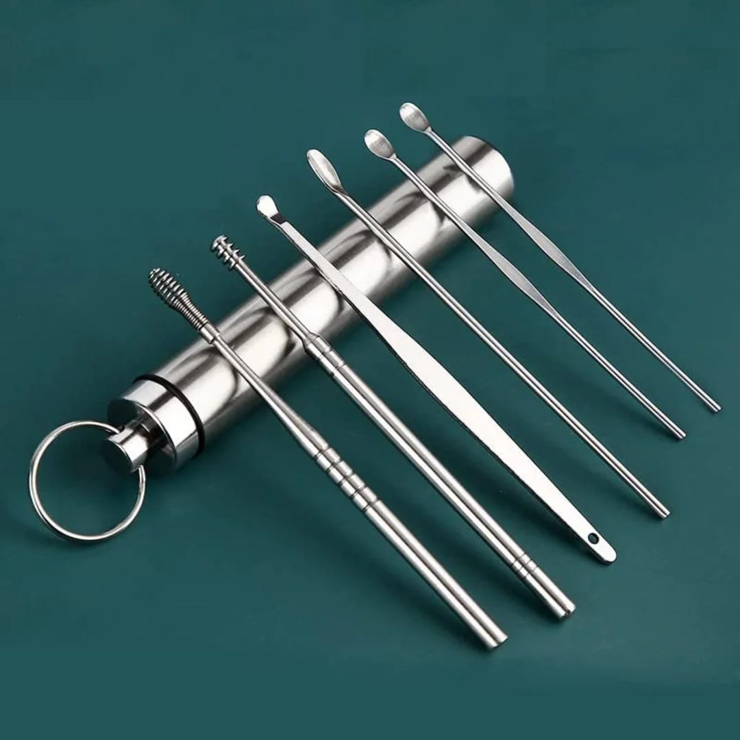 Ear Cleaning Kit | Steel Ear Cleaner | 6 Pcs Reusable Ear Wax Remover Set with Storage Pack | Ear Curette & Spring Bud Cleaner image 1