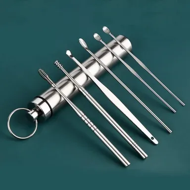Ear Cleaning Kit | Steel Ear Cleaner | 6 Pcs Reusable Ear Wax Remover Set with Storage Pack | Ear Curette & Spring Bud Cleaner thumbnail 0