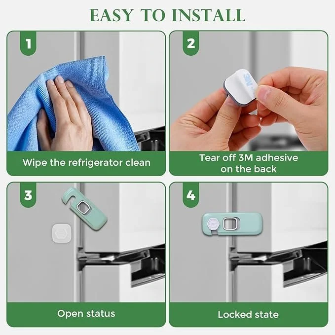 Toddler Safe Refrigerator & Cabinet Lock | Child Proof Freezer Lock | Easy No-Drill Installation | Green Color | 2 Pieces Pack image 6