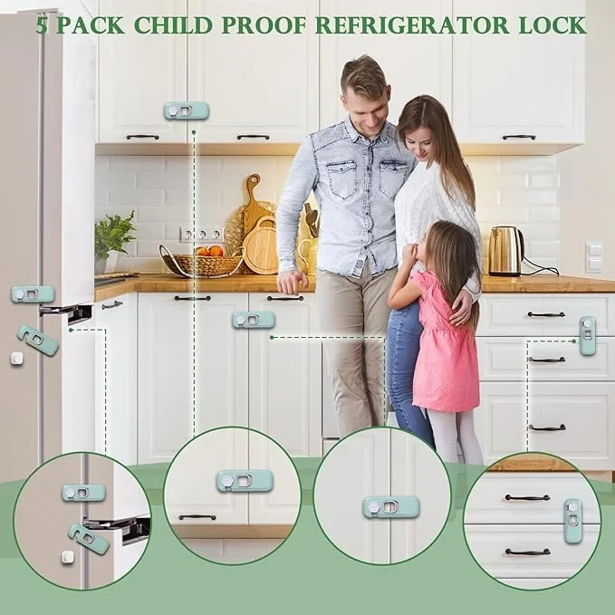 Toddler Safe Refrigerator & Cabinet Lock | Child Proof Freezer Lock | Easy No-Drill Installation | Green Color | 2 Pieces Pack image 4