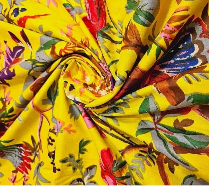 Pure Cotton Unstitched Printed Fabric Material 2.5 Meter | Women Dress Material for Blouse| Kurt |Lehenga Saree | Yellow Fabric for Tailoring image 1
