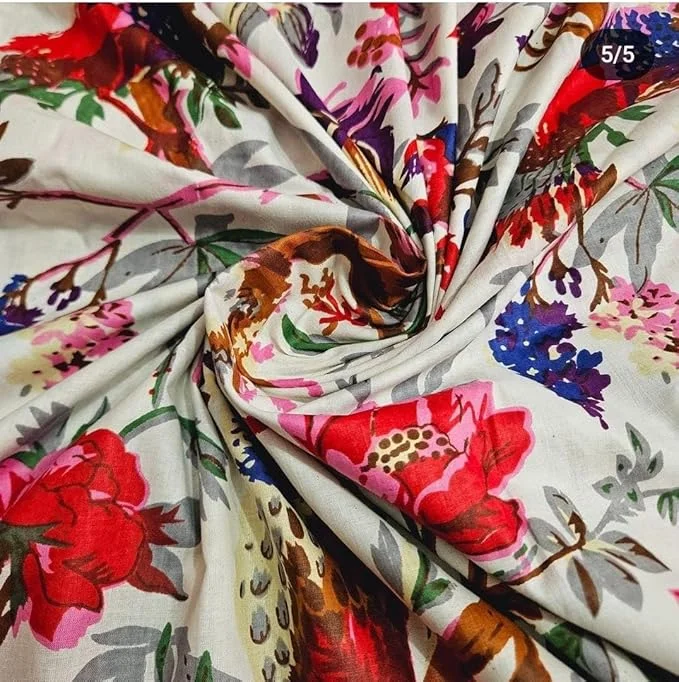 Pure Cotton Unstitched Printed Fabric Material 5 Meter White Soft Breathable Tailoring Cloth for Women Kurti Blouse Lehenga Saree Ethnic Wear image 1