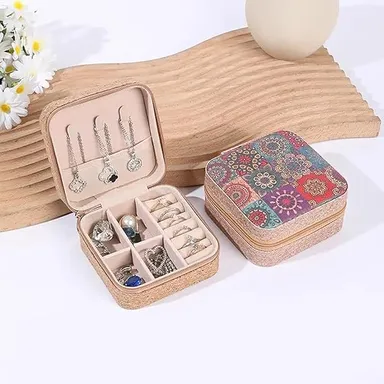 Jewelry Mini Organizer Box | Travel Jewelry Storage Case | PU Leather Vanity Box | Small Ring Organizer | Mandala Art Design for Women thumbnail 2