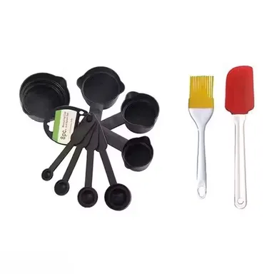  Plastic Baking & Cooking Measurement Set | 4 Measuring Cups & 4 Spoons & Spatula & Brush Set | Durable Kitchen Tools for Dry Ingredients & Cooking