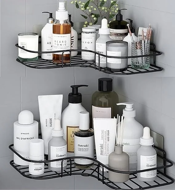 Bathroom Corner Rack | Metal Self-Adhesive L Shaped Storage Shelves | Flower Shape Bathroom Organizer image 1