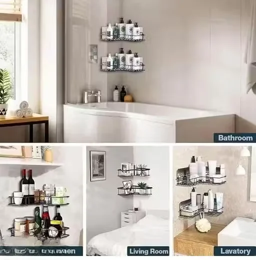 Bathroom Corner Rack | Metal Self-Adhesive L Shaped Storage Shelves | Flower Shape Bathroom Organizer image 3