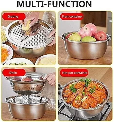 3-in-1 Kitchen Multipurpose Grater Bowl | Stainless Steel Basin with Drain Colander & Mesh Basket | Vegetable & Fruit Washing| Straining| Cutting| Salad Making Tool (26cm) image 2