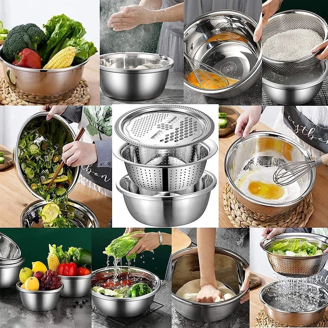 3-in-1 Kitchen Multipurpose Grater Bowl | Stainless Steel Basin with Drain Colander & Mesh Basket | Vegetable & Fruit Washing| Straining| Cutting| Salad Making Tool (26cm) image 4