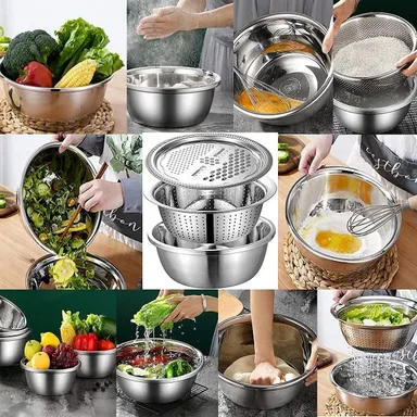 3-in-1 Kitchen Multipurpose Grater Bowl | Stainless Steel Basin with Drain Colander & Mesh Basket | Vegetable & Fruit Washing| Straining| Cutting| Salad Making Tool (26cm) thumbnail 3