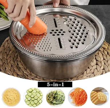 3-in-1 Kitchen Multipurpose Grater Bowl | Stainless Steel Basin with Drain Colander & Mesh Basket | Vegetable & Fruit Washing| Straining| Cutting| Salad Making Tool (26cm) thumbnail 5