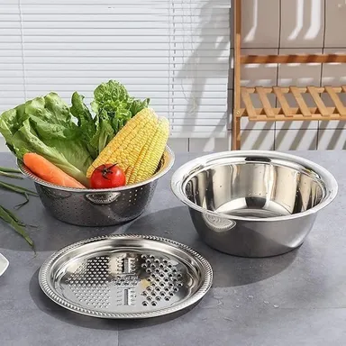 3-in-1 Kitchen Multipurpose Grater Bowl | Stainless Steel Basin with Drain Colander & Mesh Basket | Vegetable & Fruit Washing| Straining| Cutting| Salad Making Tool (26cm) thumbnail 6