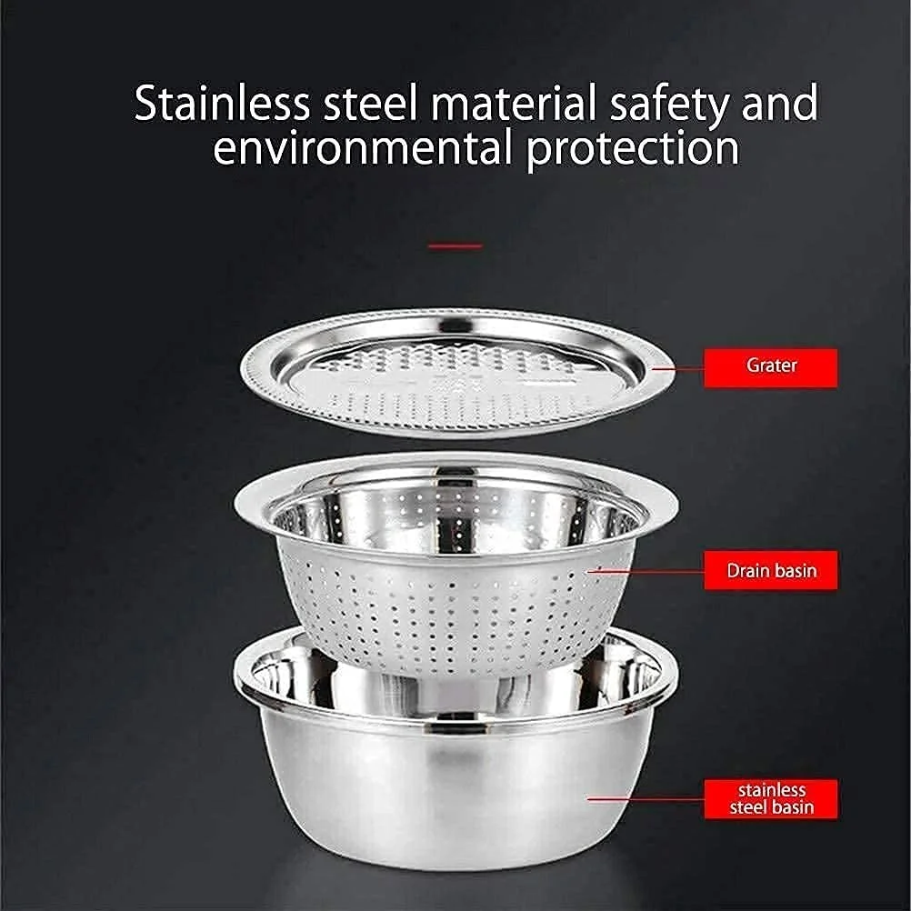 3-in-1 Kitchen Multipurpose Grater Bowl | Stainless Steel Basin with Drain Colander & Mesh Basket | Vegetable & Fruit Washing| Straining| Cutting| Salad Making Tool (26cm) image 8