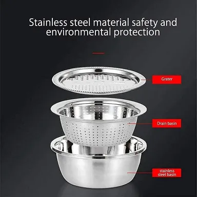 3-in-1 Kitchen Multipurpose Grater Bowl | Stainless Steel Basin with Drain Colander & Mesh Basket | Vegetable & Fruit Washing| Straining| Cutting| Salad Making Tool (26cm) thumbnail 7