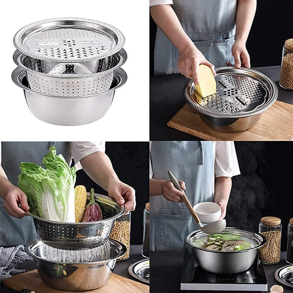 3-in-1 Kitchen Multipurpose Grater Bowl | Stainless Steel Basin with Drain Colander & Mesh Basket | Vegetable & Fruit Washing| Straining| Cutting| Salad Making Tool (26cm) image 9
