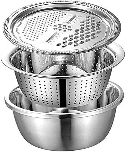 3-in-1 Kitchen Multipurpose Grater Bowl | Stainless Steel Basin with Drain Colander & Mesh Basket | Vegetable & Fruit Washing| Straining| Cutting| Salad Making Tool (26cm) image 1