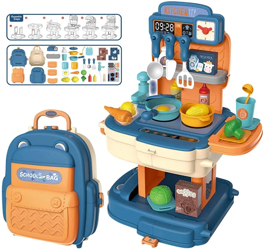Premium Chef Kitchen Play Set for Kids | School Bag Packing Pretend Cooking Game | Interactive Modern Kitchen Toy for Boys & Girls | Blue Edition image 4