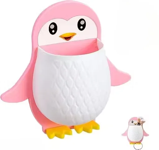 Wall Mounted Toothbrush Holder Penguin | Self Adhesive Plastic Organizer Rack Set of 2 | Cute Multifunctional Pink Storage for Bathroom & Kitchen & Remote Controls image 1