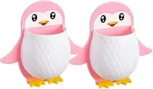 Wall Mounted Toothbrush Holder Penguin | Self Adhesive Plastic Organizer Rack Set of 2 | Cute Multifunctional Pink Storage for Bathroom & Kitchen & Remote Controls thumbnail 1