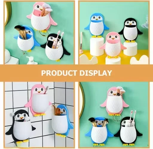 Wall Mounted Toothbrush Holder Penguin | Self Adhesive Plastic Organizer Rack Set of 2 | Cute Multifunctional Pink Storage for Bathroom & Kitchen & Remote Controls image 3