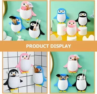 Wall Mounted Toothbrush Holder Penguin | Self Adhesive Plastic Organizer Rack Set of 2 | Cute Multifunctional Pink Storage for Bathroom & Kitchen & Remote Controls thumbnail 2