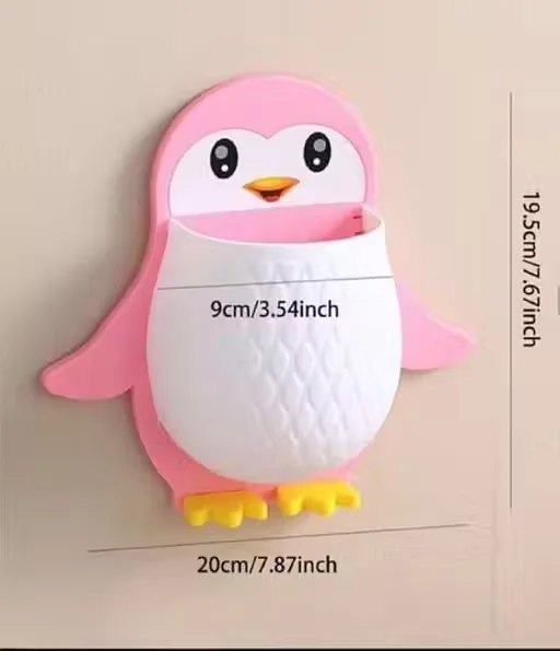 Wall Mounted Toothbrush Holder Penguin | Self Adhesive Plastic Organizer Rack Set of 2 | Cute Multifunctional Pink Storage for Bathroom & Kitchen & Remote Controls image 4