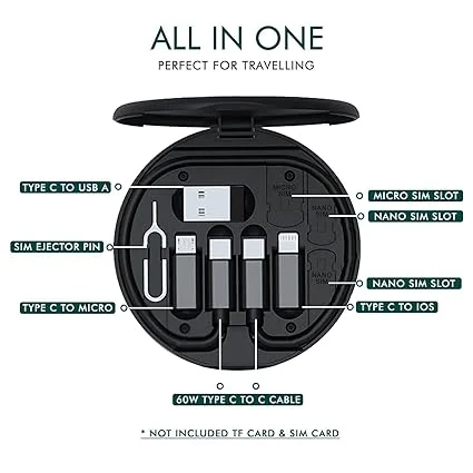 Jobber Multi-Functional 5 in 1 Fast Charging |& Data Transfer USB Cable Set with Portable Round Storage Box| and SIM Ejector Pin for Apple, Android & Type C Devices | image 2