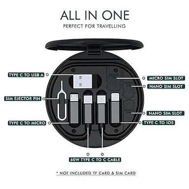 Jobber Multi-Functional 5 in 1 Fast Charging |& Data Transfer USB Cable Set with Portable Round Storage Box| and SIM Ejector Pin for Apple, Android & Type C Devices | thumbnail 1