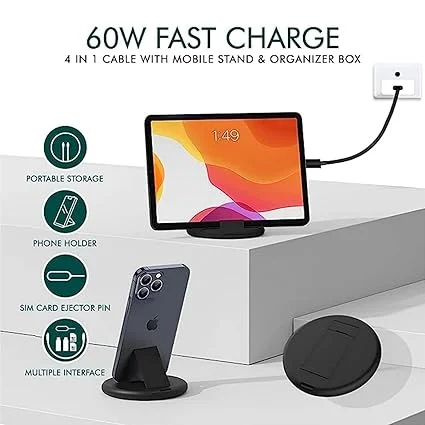 Jobber Multi-Functional 5 in 1 Fast Charging |& Data Transfer USB Cable Set with Portable Round Storage Box| and SIM Ejector Pin for Apple, Android & Type C Devices | image 6