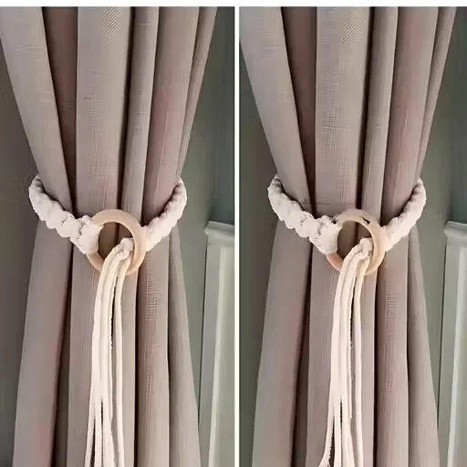 Macrame Curtain Tieback Set | Handmade Cotton, Stylish Boho Holdbacks, Medium Size| Set of 2 | Eco-Friendly Home Decor image 1