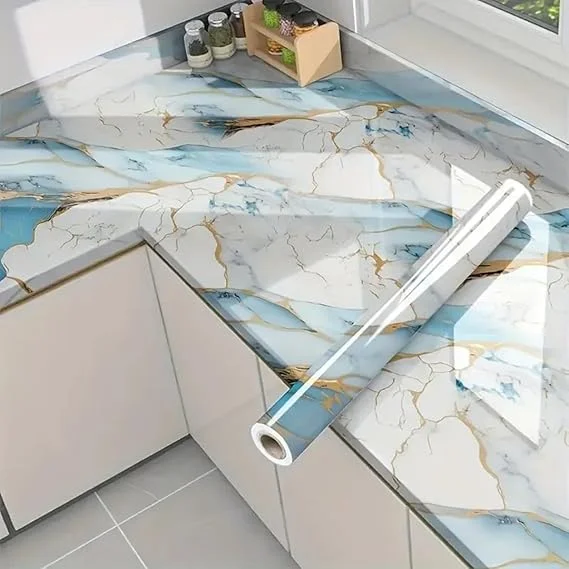 Wall Love Marble Oilproof Waterproof Self-Adhesive Sheet Stickers | 60x200cm Countertop Cabinet Furniture Wallpaper | New Golden Line Sky Design | Easy Peel and Stick Application image 1
