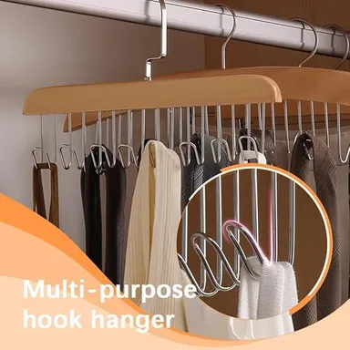 Wooden Closet Hanger with 8 Adjustable Hooks | U-Shaped Space-Saving Organizer for Ties, Belts, Scarves & Lingerie | Multi-Purpose Wardrobe Rack (1 Pc) thumbnail 2