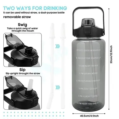 Motivational Water Bottle with Straw & Time Marker | Leakproof BPA-Free Fitness Bottle 2L | Black thumbnail 4
