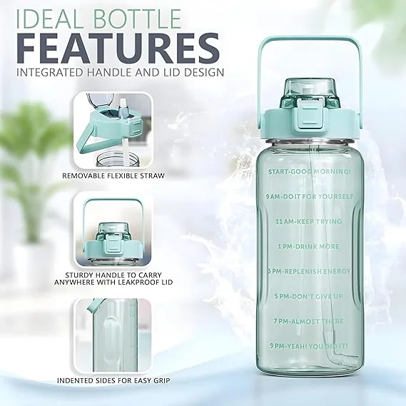 Motivational Water Bottle with Straw & Time Marker | Leakproof BPA-Free Fitness Bottle 2L | Black image 3