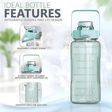 Motivational Water Bottle with Straw & Time Marker | Leakproof BPA-Free Fitness Bottle 2L | Black thumbnail 2