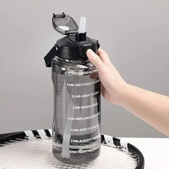 Motivational Water Bottle with Straw & Time Marker | Leakproof BPA-Free Fitness Bottle 2L | Black image 2